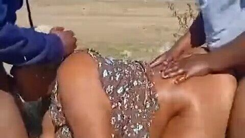 Horny Babe Fucked Hard in A Desert By Two Men